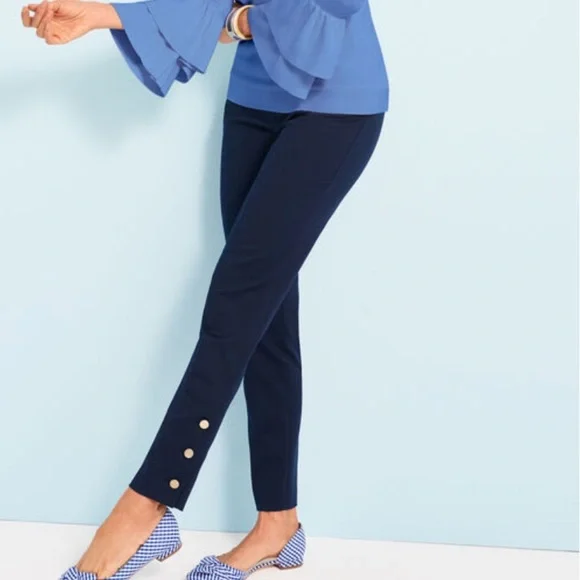 Talbots Hampshire Ankle Trouser Pants Womens 8 Navy Blue Button Cuff Stretch - Picture 1 of 14